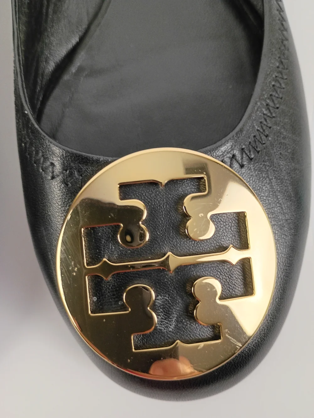 Tory Burch Black Leather Logo Ballet Flats with Gold Emblem